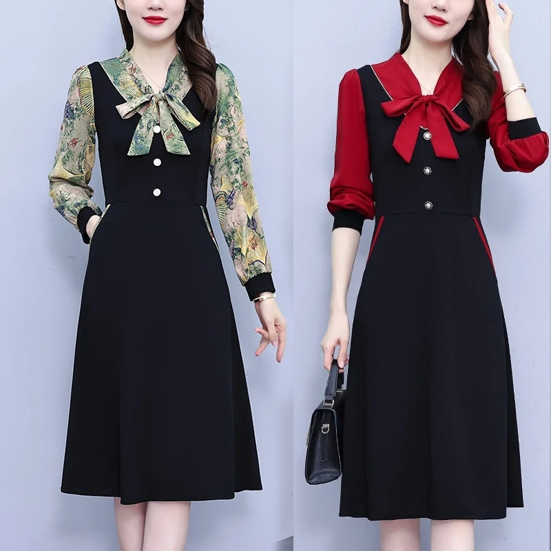 大码女装连衣裙2023秋季蝴蝶结拼接系带修身洋气法式长袖连衣裙淑