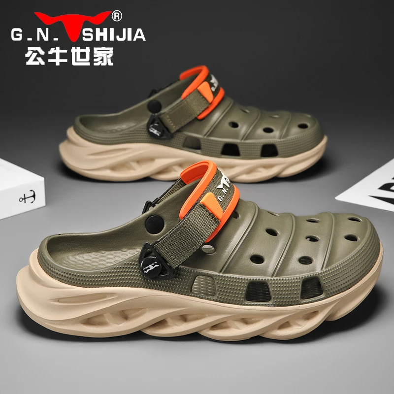 公牛世家洞洞鞋男夏季轻便运动沙滩鞋男两穿休闲防滑软底包头凉拖