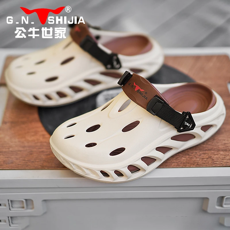 公牛世家洞洞鞋夏季外穿厚底透气防滑凉拖户外休闲沙滩运动拖鞋男