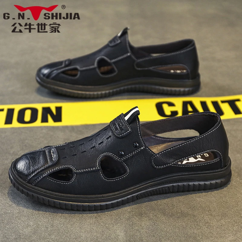 公牛世家包头凉鞋男款夏季外穿防滑男士开车涉水越南镂空沙滩凉拖