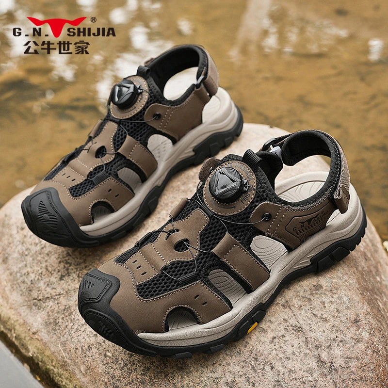 公牛世家凉鞋男款夏季时尚休闲厚底高端免系带旋转纽扣楼控沙滩鞋