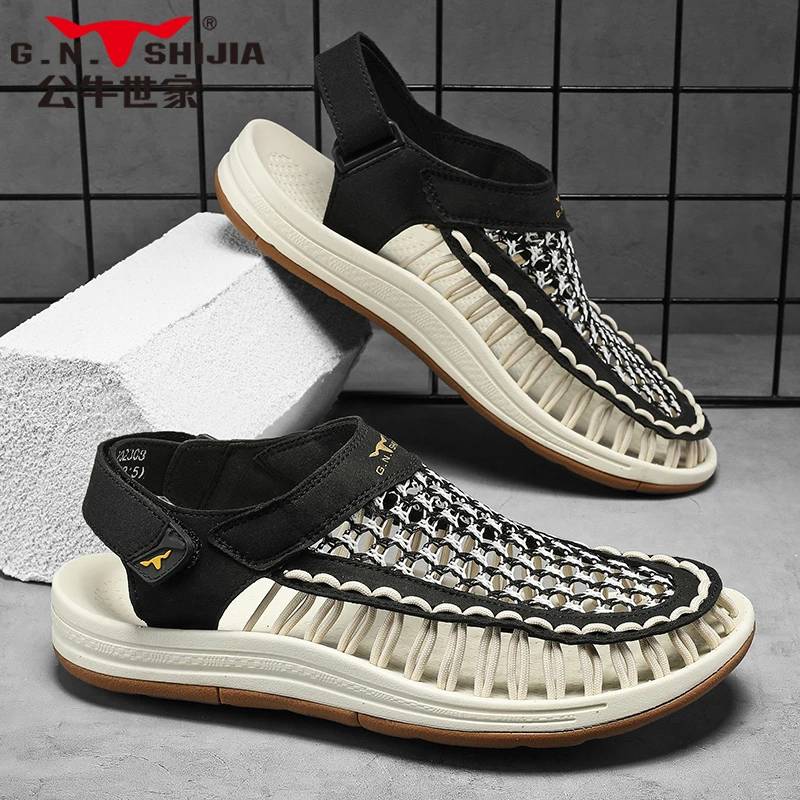 公牛世家凉鞋男夏季外穿时尚休闲软底透气手工编制潮鞋镂空沙滩鞋