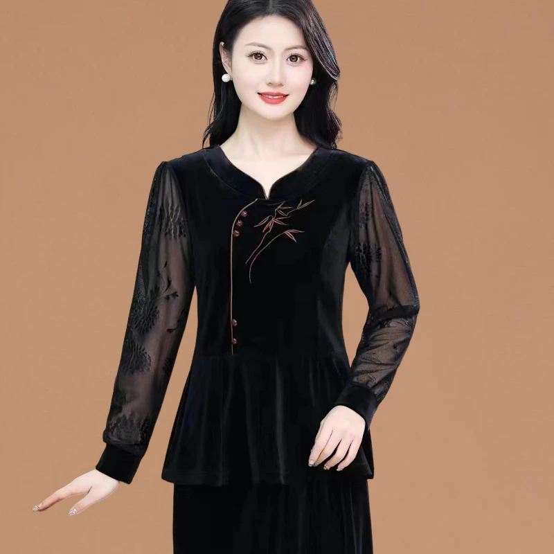 【衣雅严选】8069-950秋款长袖百搭拼接蕾丝竹叶花刺绣上衣小衫
