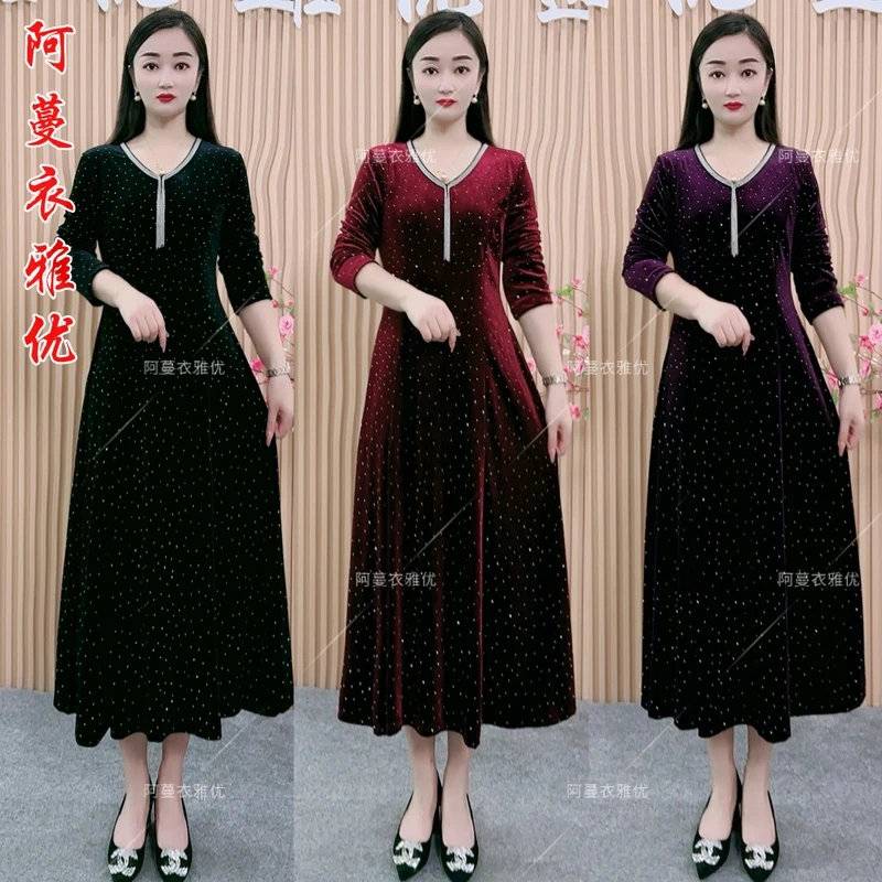 【衣雅严选】8070-788新款重磅植绒烫钻长袖气质款显瘦大摆连衣裙