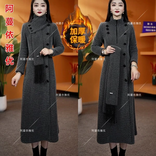 【衣雅严选】8081-1174#秋冬加厚保暖金貂混纺围巾拼假两件连衣裙