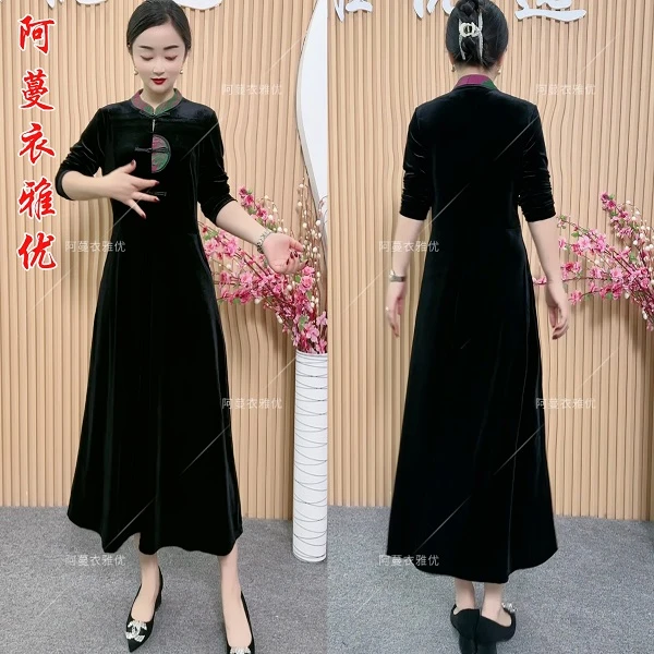 【衣雅严选】8124-1047#新款重磅植绒拼接七彩花罗缎新中式连衣裙