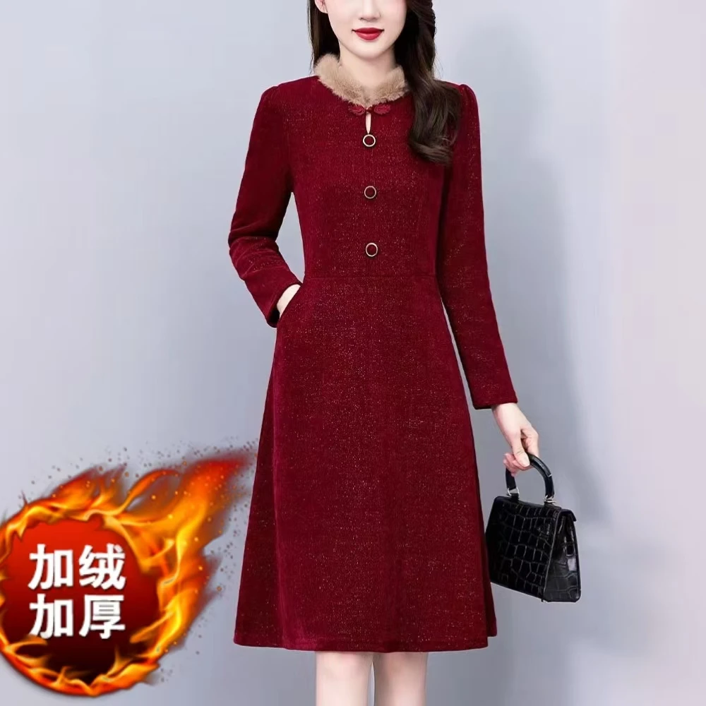 【衣雅严选】8091-1035#新款时尚毛领金丝混纺加绒加厚盘扣连衣裙