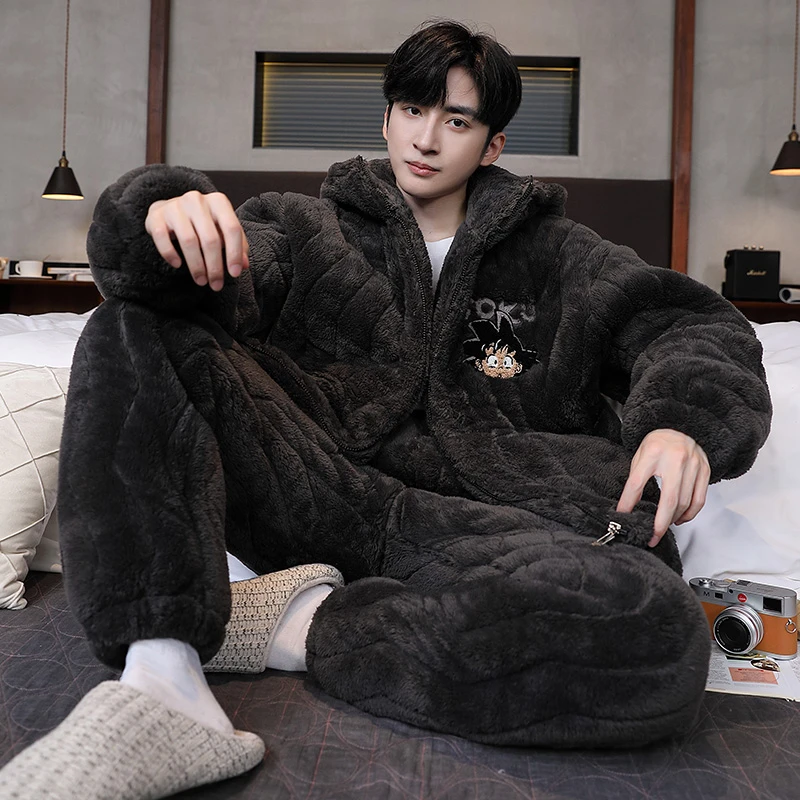 冬天睡衣男珊瑚绒加绒加厚三层夹棉新款高档连帽青少年家居服套装