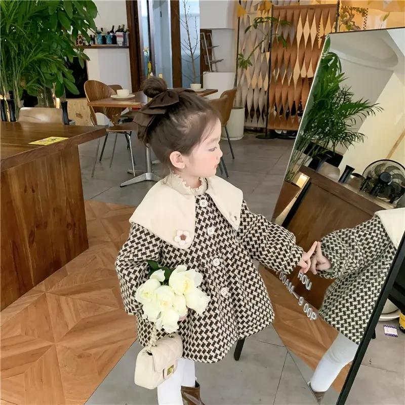 女童冬装韩版千鸟格外套2024新款加绒洋气加厚宝宝儿童-YD2207