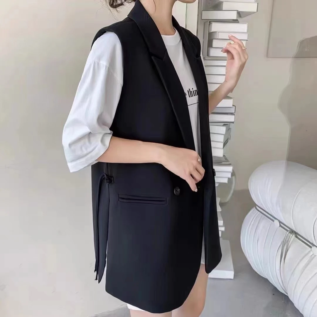 9562新中式春秋新款女士马甲时尚休闲百搭黑色马夹韩版上衣