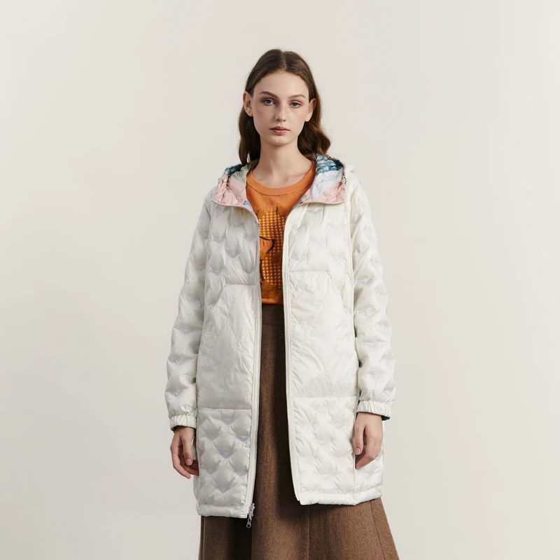 谜底两面穿羽绒服女冬季新品复古花色连帽宽松中长款234MY1466