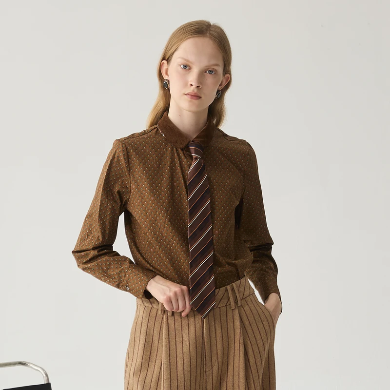 谜底灯芯绒衬衫长袖女2024冬季新品复古风波点印花衬衣244MC1560