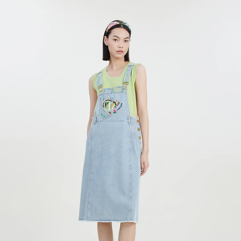 谜底牛仔背带裙女2023夏季新款学院风绣花A型中长裙半裙232MB0601