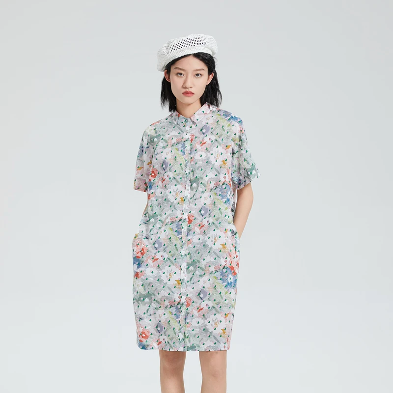 R谜底花色连衣裙女2023夏季新款复古文艺宽松直筒裙短袖236ML7076