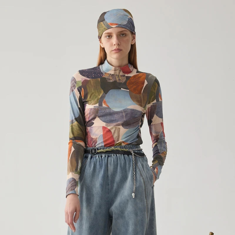 谜底高领T恤长袖女2024冬款复古风原创花色高弹修身上衣244MT1553