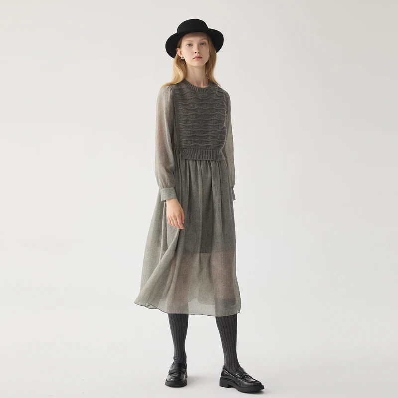 谜底拼接式连衣裙长袖2024冬季新品法式温柔收腰中长裙244ML1632