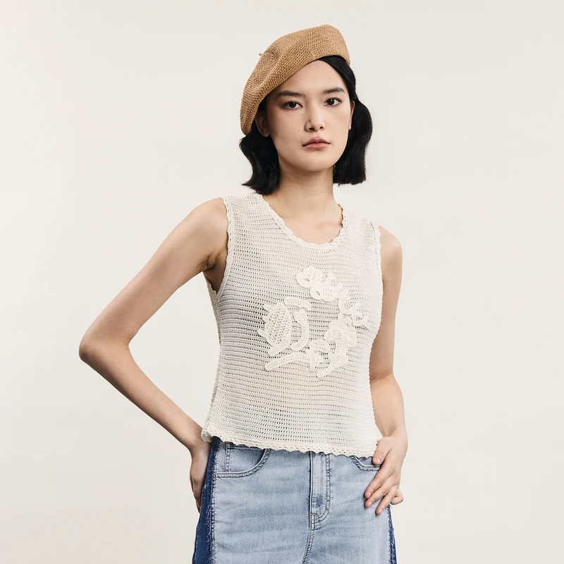 谜底针织背心女新款复古风圆领套头针织衫无袖242MZ0857