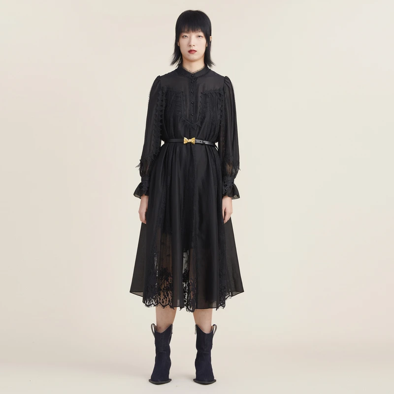 【高端系列】谜底新款女士复古时尚拼接蕾丝连衣裙长袖223GL1147