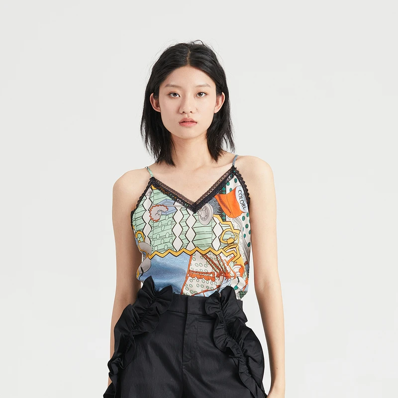 谜底内搭上衣女2024春季新款纯棉印花蕾丝花边V领细吊带246MN8002