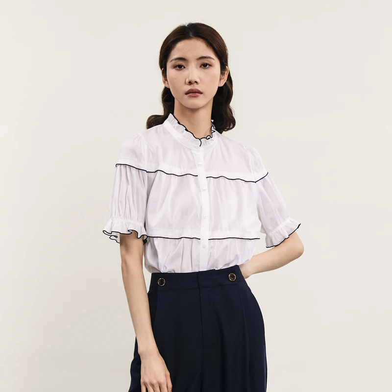 谜底棉衬衫短袖女2024夏季新品通勤风少女感宽松衬衣242MC0634