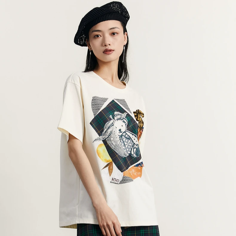 谜底大廓形印花T恤短袖女新款休闲时尚绣花宽松上衣233MT0983