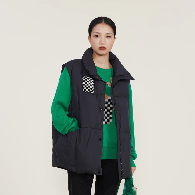 谜底女装冬新款时尚百搭宽松O型短款羽绒马甲女立领拼接224MY1537