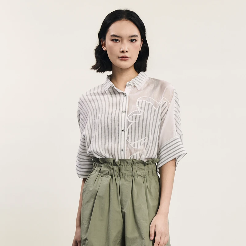 谜底大廓形衬衫分袖女2024夏季新品复古条纹慵懒风衬衣242MC0649
