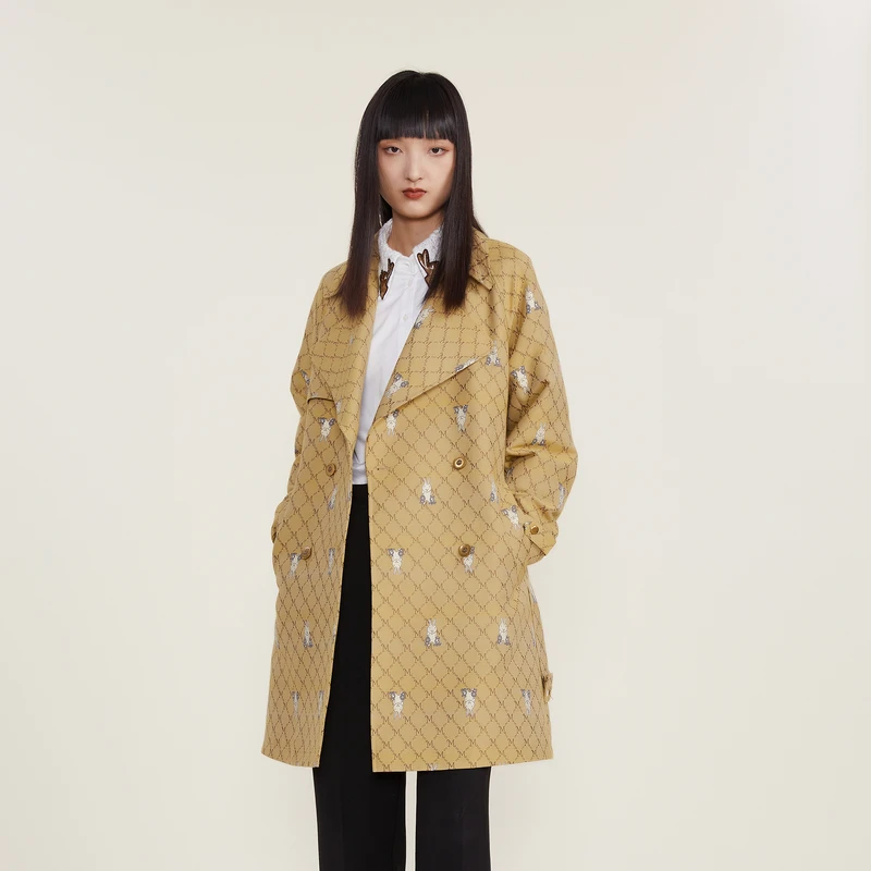 谜底风衣外套冬季新款复古时尚提花双排扣中长款外套女224GE1731