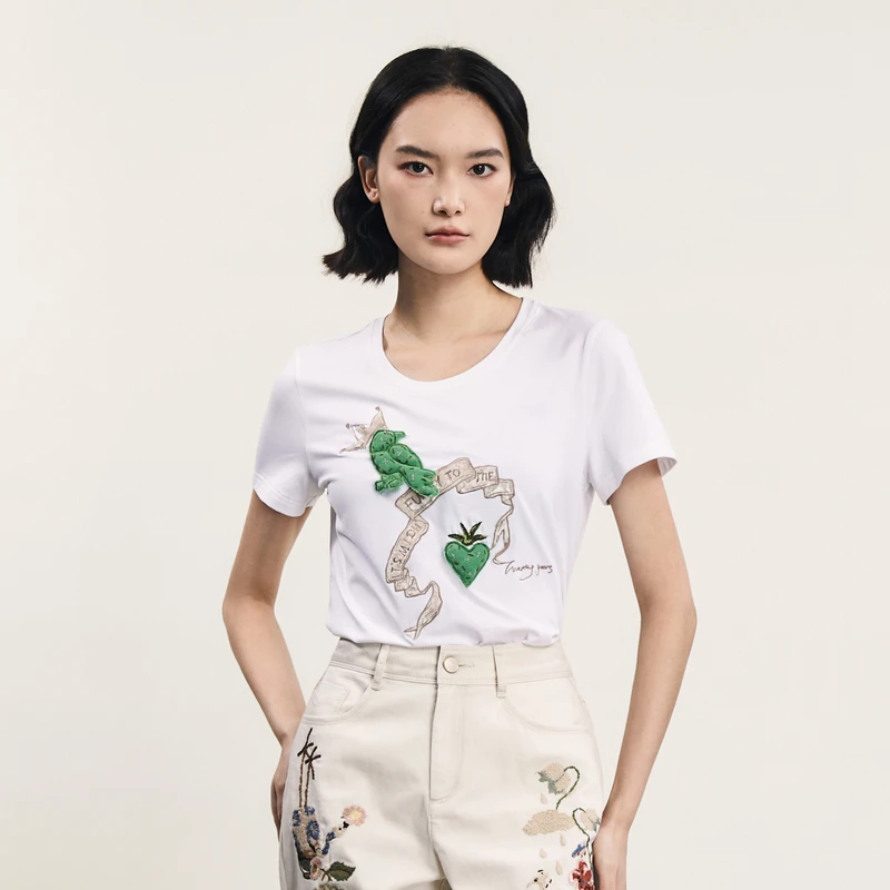 谜底圆领印花T恤女2024年夏季新品时尚绣花修身百搭上衣242MT0527