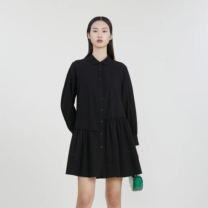 谜底A字型连衣裙2023春季新款简约纯色宽松中长裙长袖女231ML0102