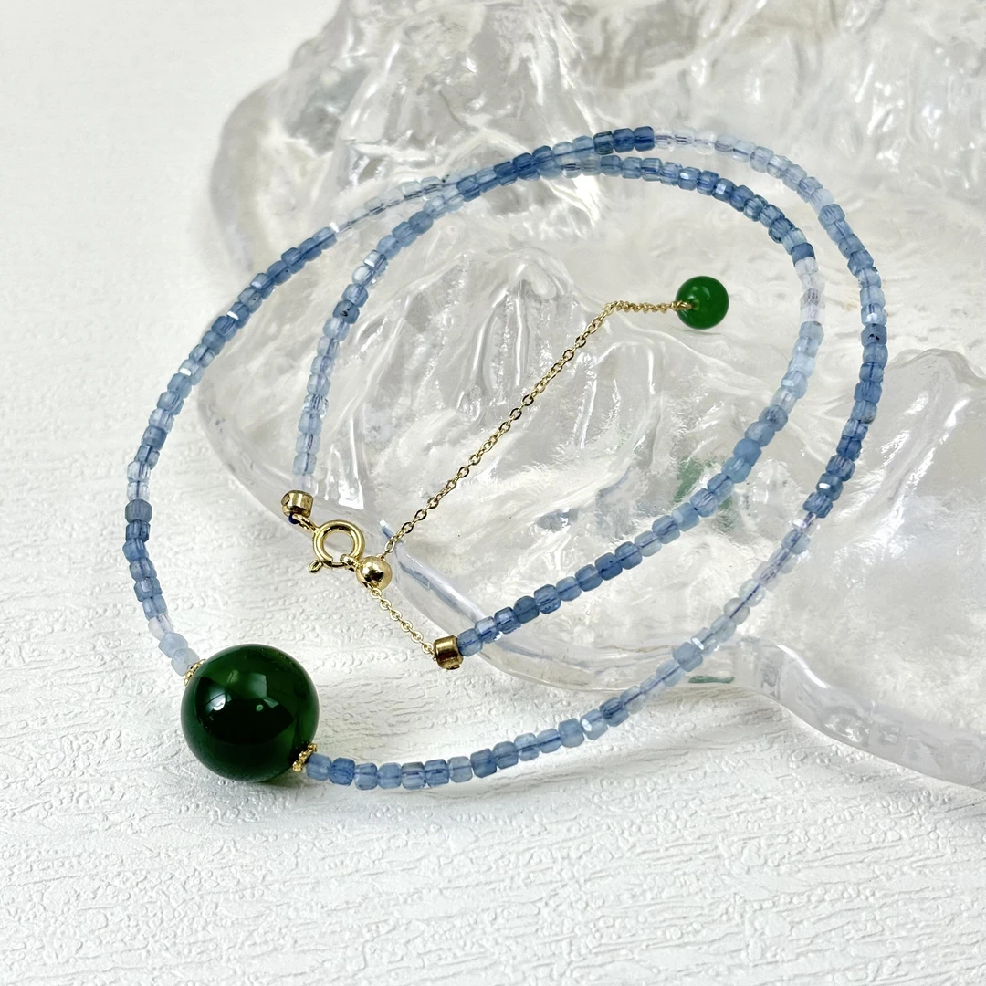 【绿福珠缘】天然冰种海蓝宝玛瑙项链串珠高级轻奢小众设计锁骨链