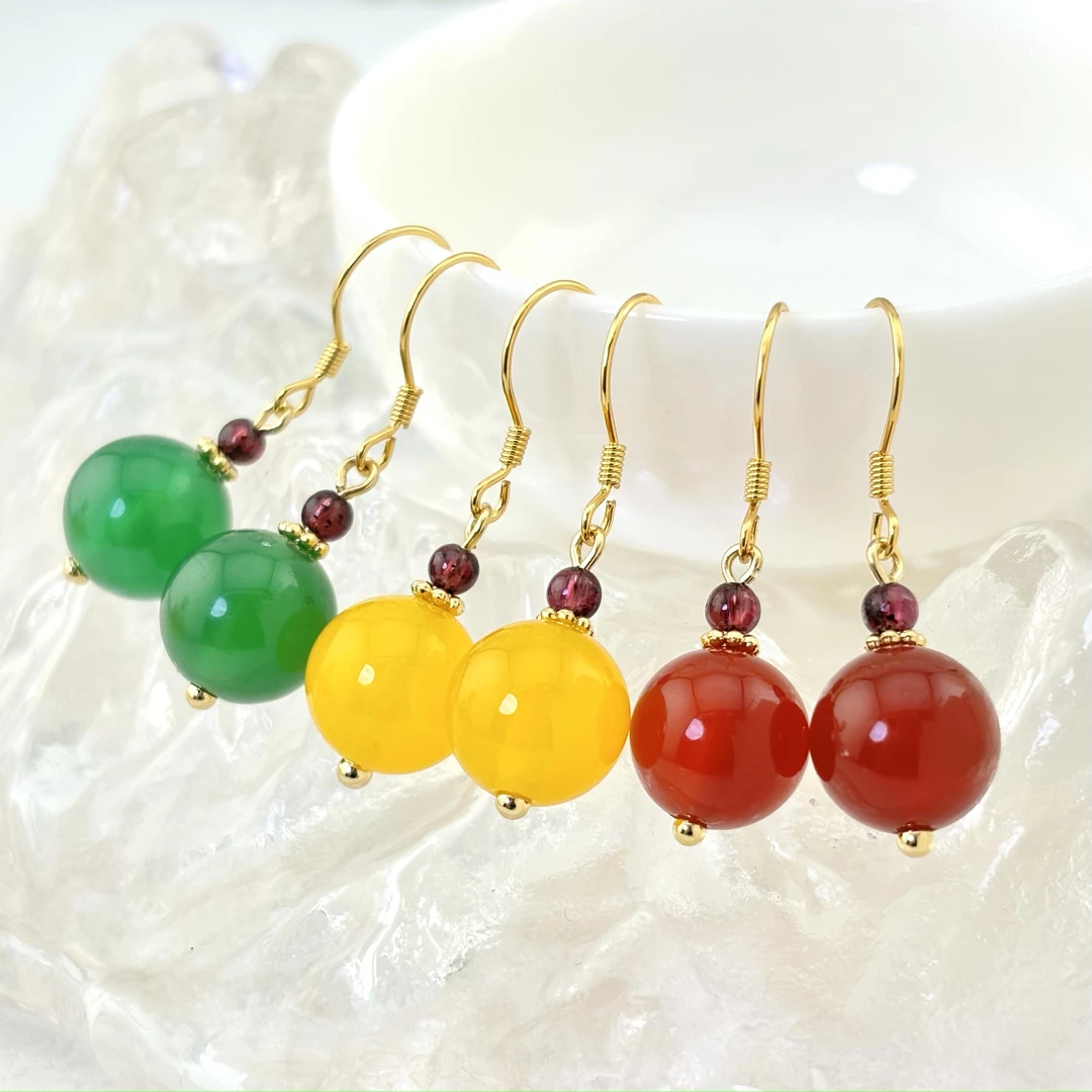 【绿福珠缘】天然玛瑙大珠新中式耳环ins风高级气质复古显白耳钉