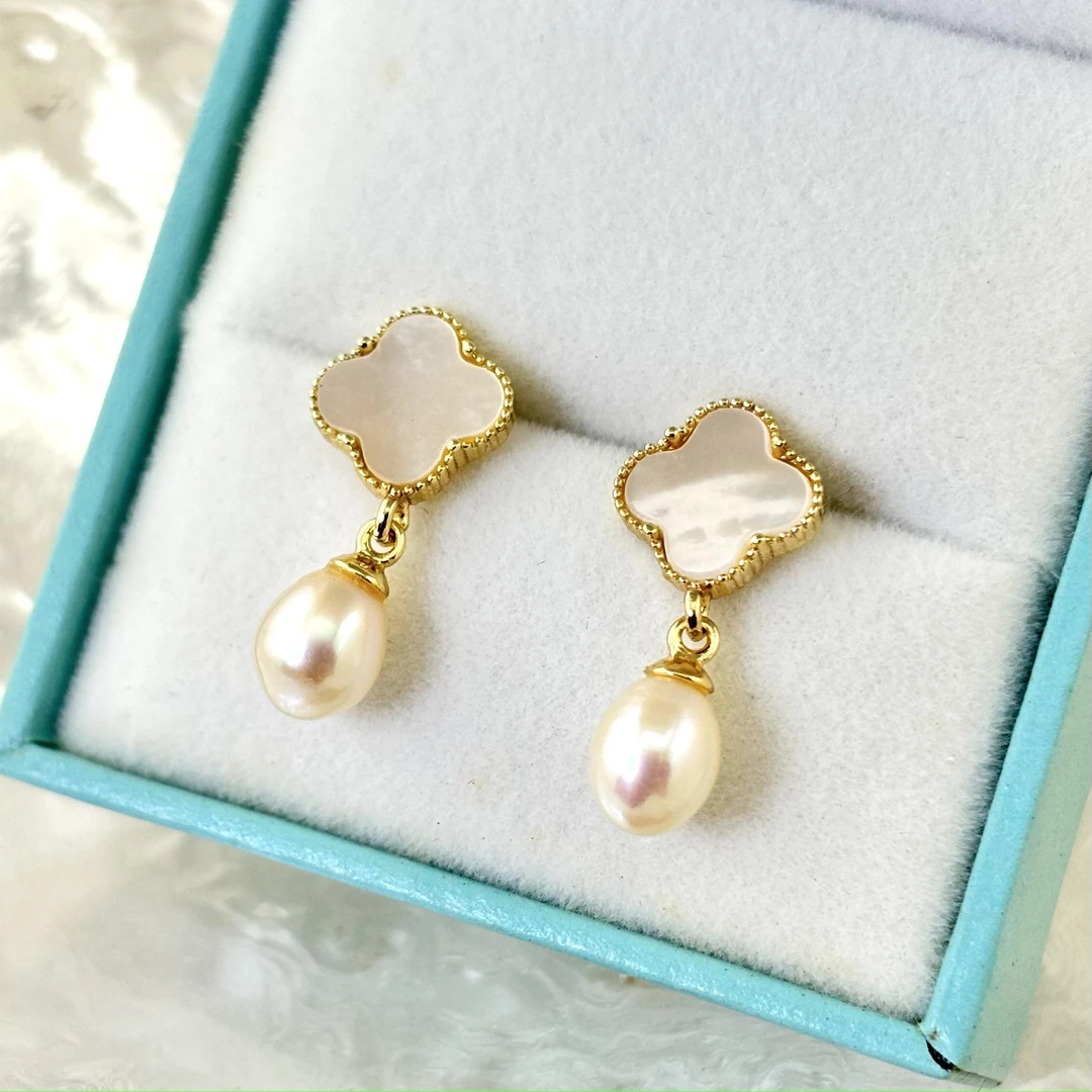 【绿福珠缘】天使之泪天然淡水珍珠四叶草灵动耳环珍珠耳饰耳钉耳坠