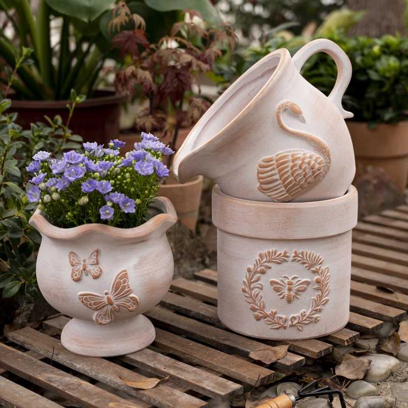 【鹿可-动物系列】复古雾化白-创意童趣浮雕透气陶盆