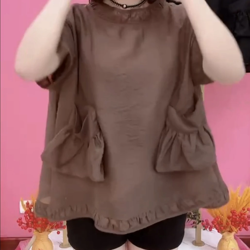 夏季百搭衬衫短袖休闲显瘦上衣潮轻奢时尚宽松圆领短袖大码衬衫女