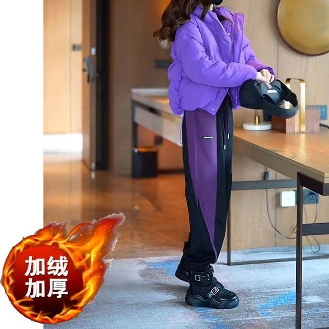 冬季新款高端立领字母棉服女防寒保暖拼接加绒裤子洋气减龄两件套