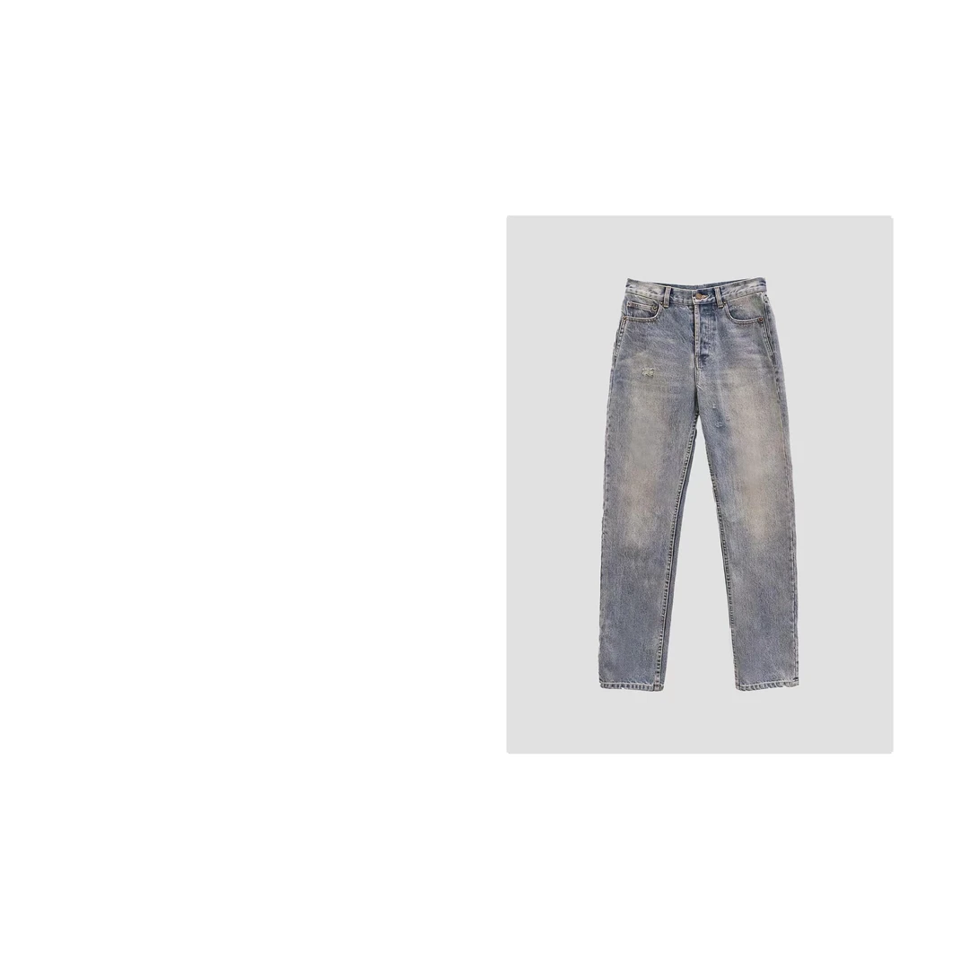 【树林浅调】秋款设计师款重工时尚浅色休闲毛边牛仔裤q130151p