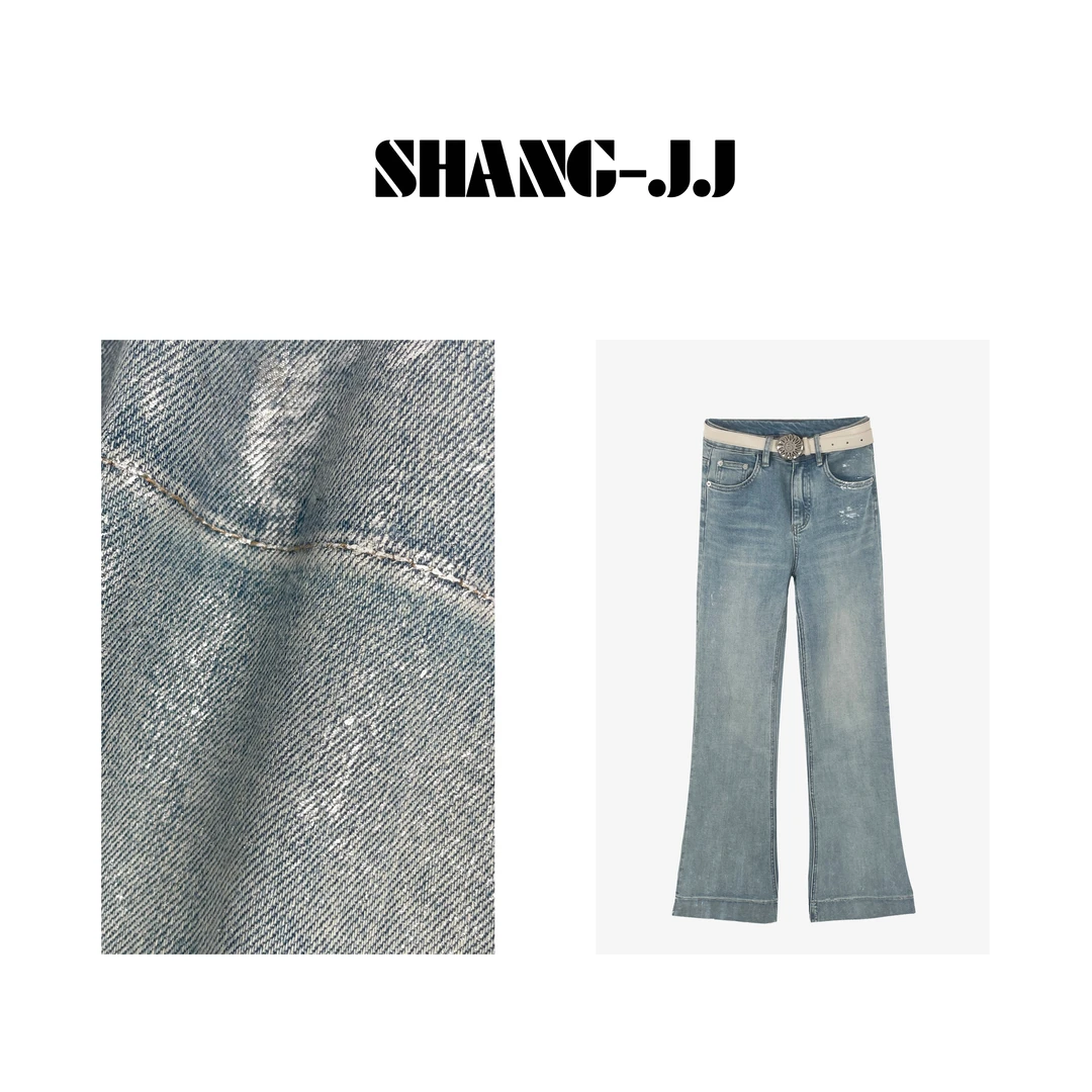 【冰蓝梦境】新款时尚百搭春夏不规则烫金铂银色高腰牛仔裤q130722p
