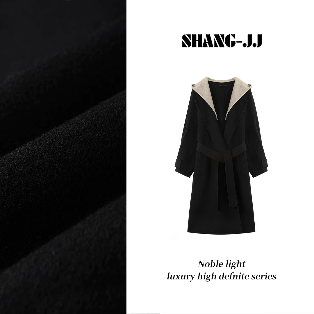 SHANG-JJ【韩系女主】24秋冬新品满分羊毛手工缝制撞色大衣q133142p