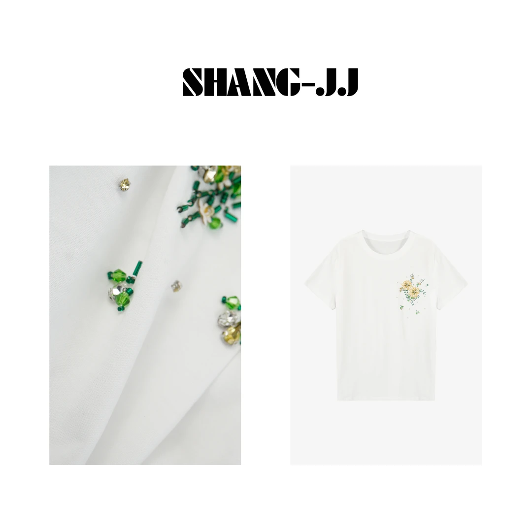 【夏日花期】重工刺绣100%棉百搭圆领显瘦T恤钉珠设计感女q130564p