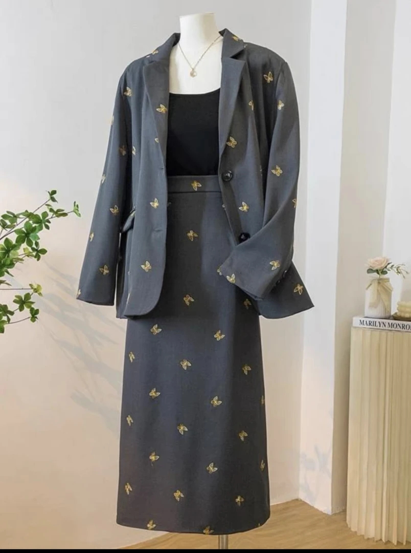 【大紫女装】新款蝴蝶西装简约休闲外套显瘦半身裙两件套