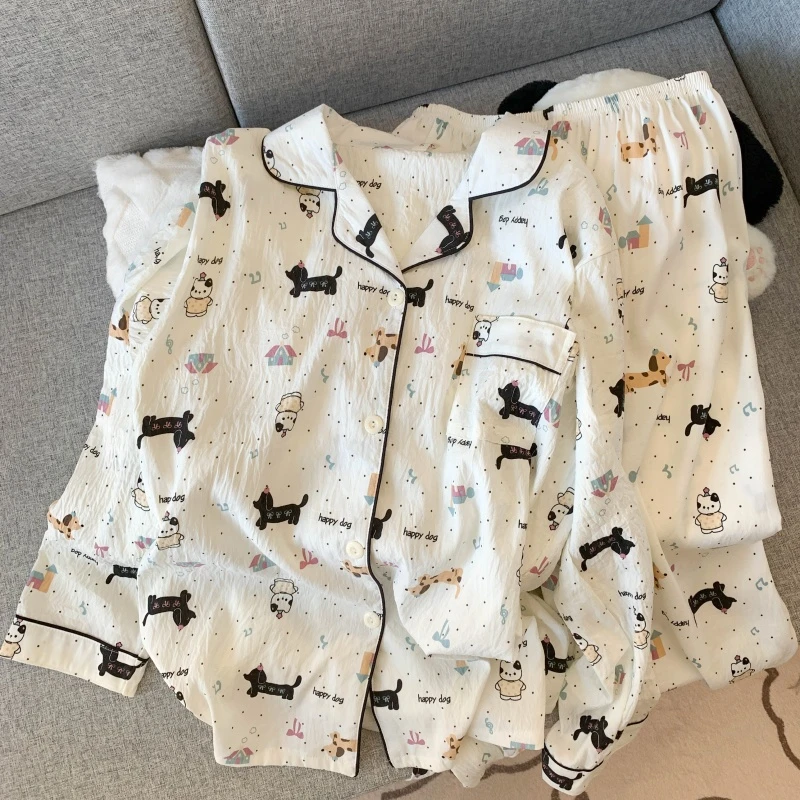 可爱小狗甜美风睡衣女长袖两件套春秋季云朵棉宽松大码家居服套装