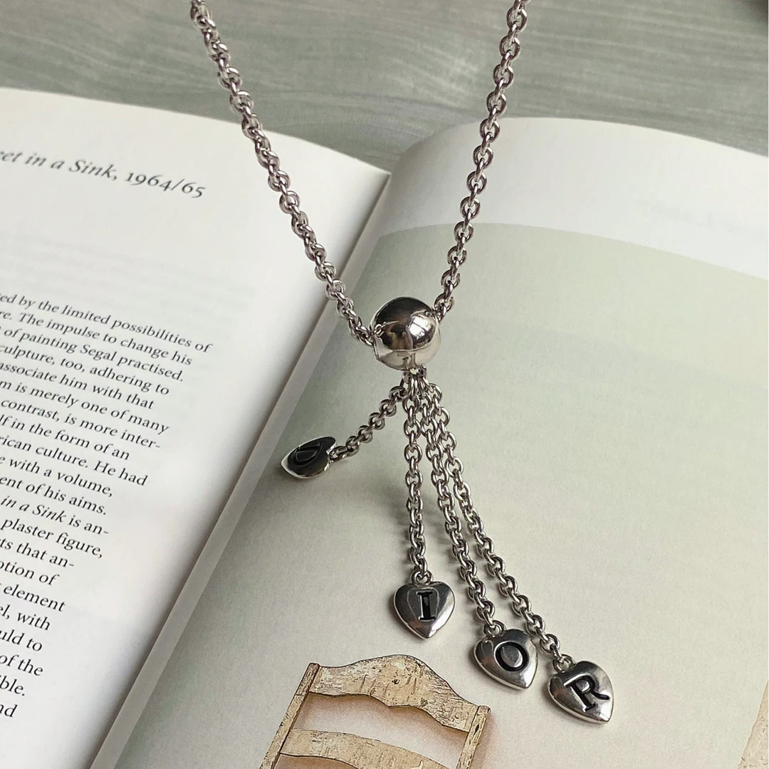 95新 DIOR/迪奥 银色爱心流苏粗链条项链