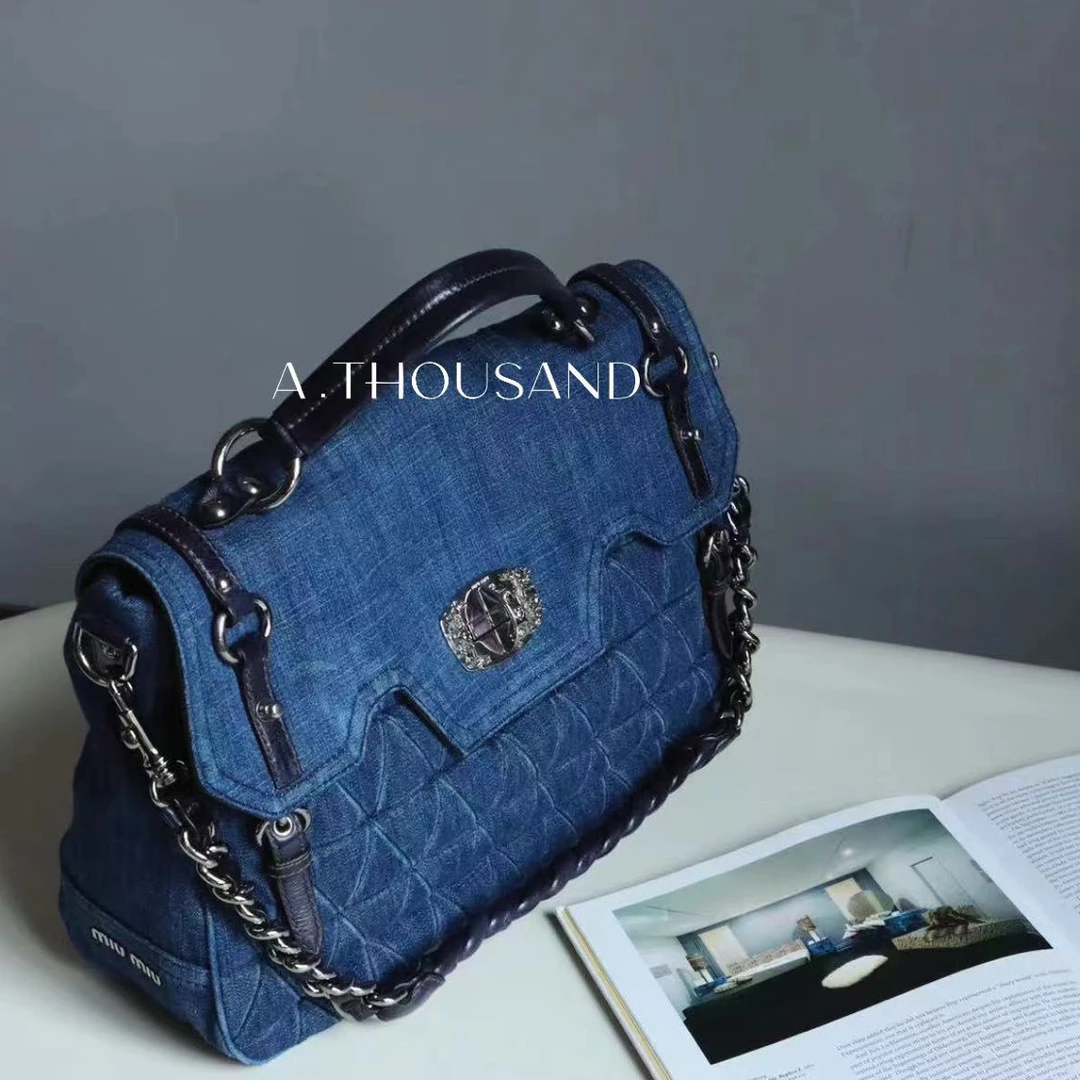 95新 MIU MIU/缪缪 蓝色牛仔钻扣托特单肩包丹宁复古