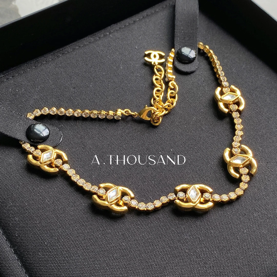 95新 Chanel/香奈儿 金色23P多logo菱形满钻Choker项链