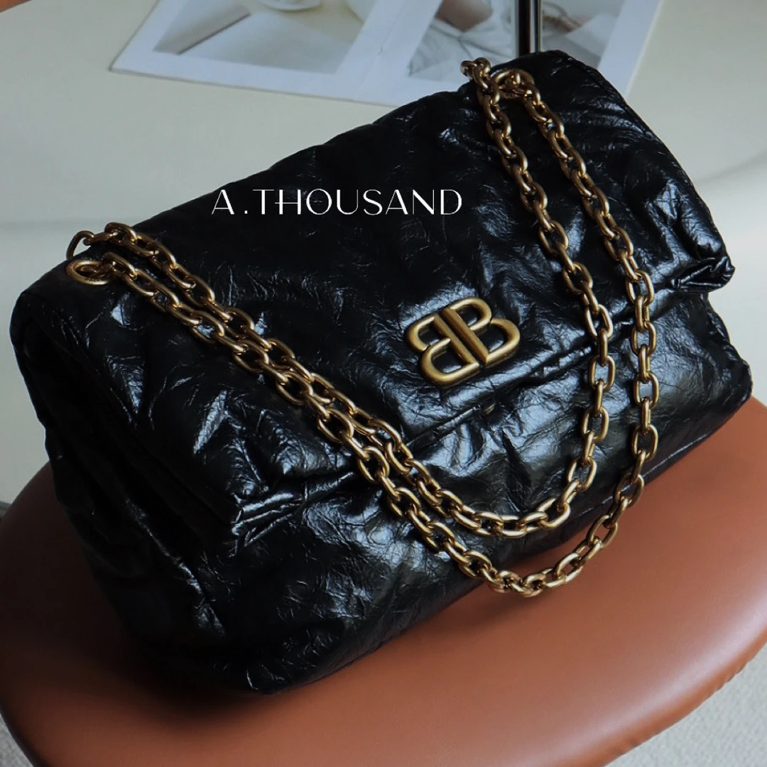 95新 Balenciaga/巴黎世家 黑金光面Monaco单肩包链条包黑色
