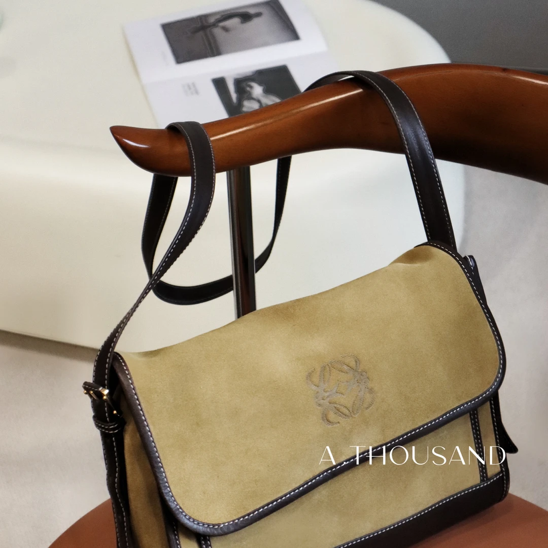 95新 LOEWE/罗意威 Loewe棕色麂皮拼皮单肩包斜跨包翻盖