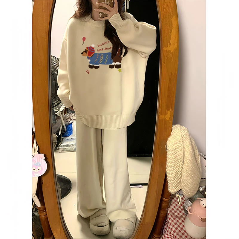 软糯套头毛衣女秋冬加绒加厚宽松趣味印花慵懒风针织衫圆领上衣