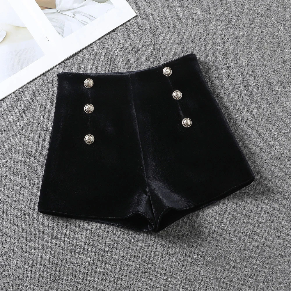 高品质双排扣丝绒短裤女春秋新款辣妹靴裤洋气百搭显瘦高腰阔腿裤