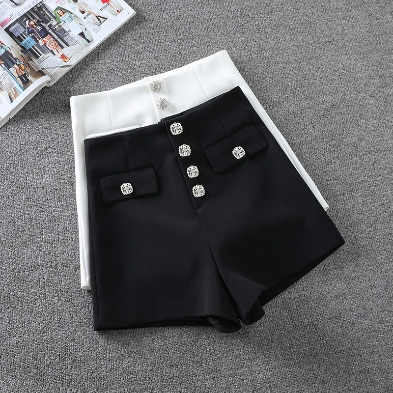 高档西装裤休闲热裤辣妹女款钻扣白色短裤外穿A字阔腿裤夏天时尚